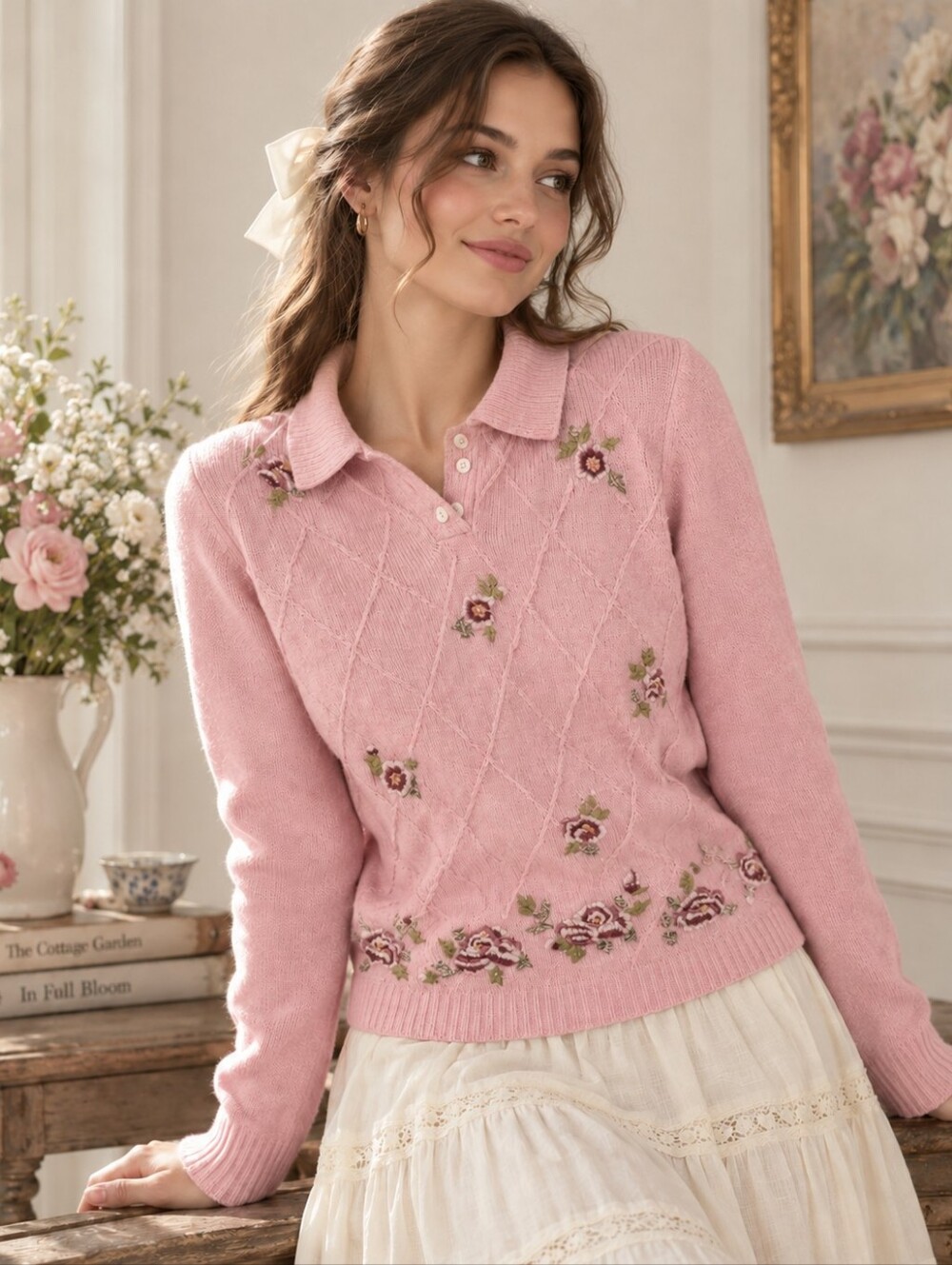 Vintage Sarah Bentley Pink Floral Embroidered Cottagecore Sweater Size 8 Small